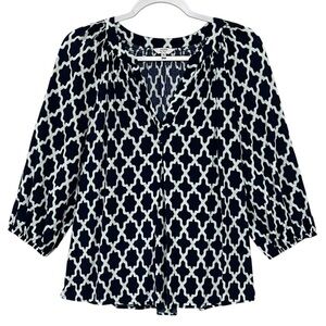 Crown & Ivy Rayon Top Lightweight Navy White Turquoise Lattice Print Size M